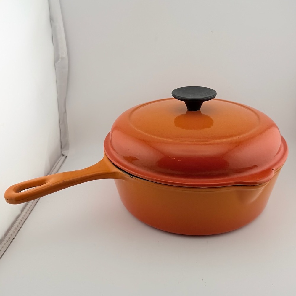 Vintage Le Creuset 23 Flame Orange Enameled Cast Iron Saucepan Skillet with Lid